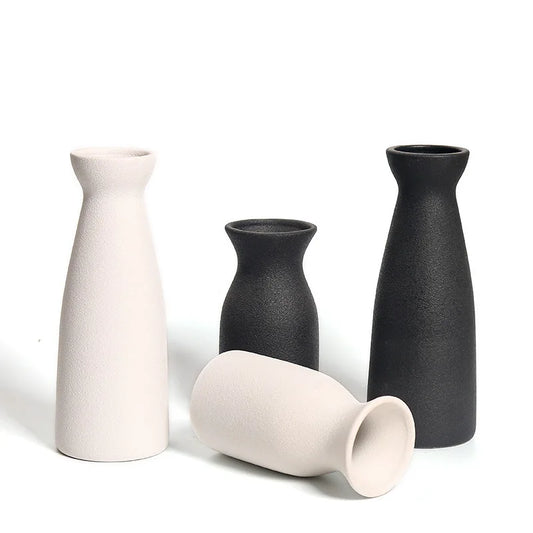 Nordic Simple White Black Matte Handmade Ceramic Vase Japanese Zen Stoneware  Flower Arrangement Decorative Ornament