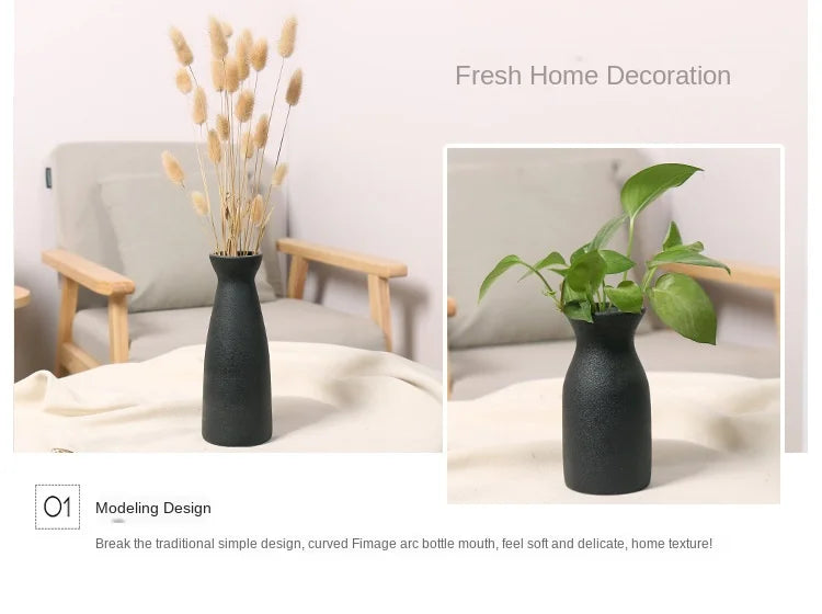 Nordic Simple White Black Matte Handmade Ceramic Vase Japanese Zen Stoneware  Flower Arrangement Decorative Ornament