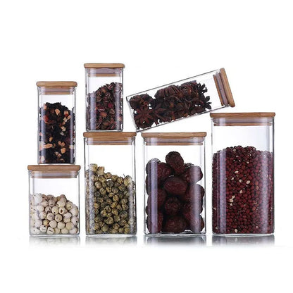 Squared Transparent Glass Food Storage Jar With Lid  Tea Coffee Beans Container Snack Nuts Sealed Box Kitchen Organizer