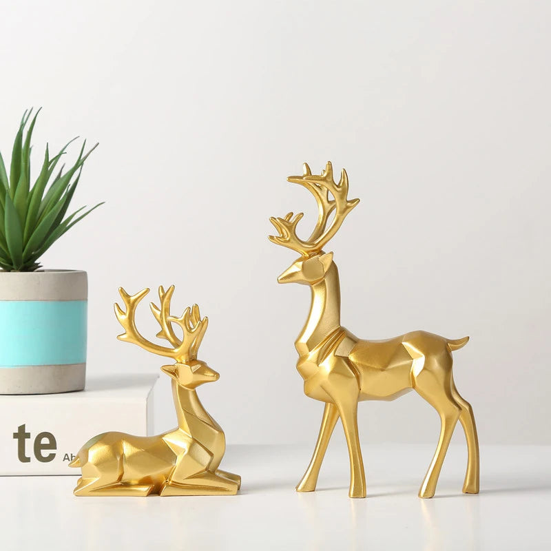 Resin Geometric Elk Sculpture Standing Gold Deer Statues