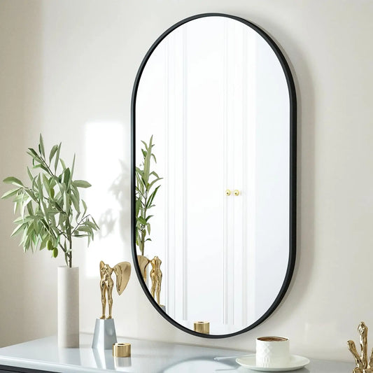 Oval Black Metal Framed Wall Mirror