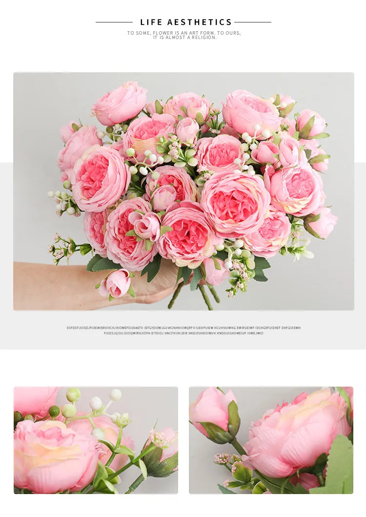 1pcs/30cm Rose Pink Silk Bouquet Peony Artificial Flower