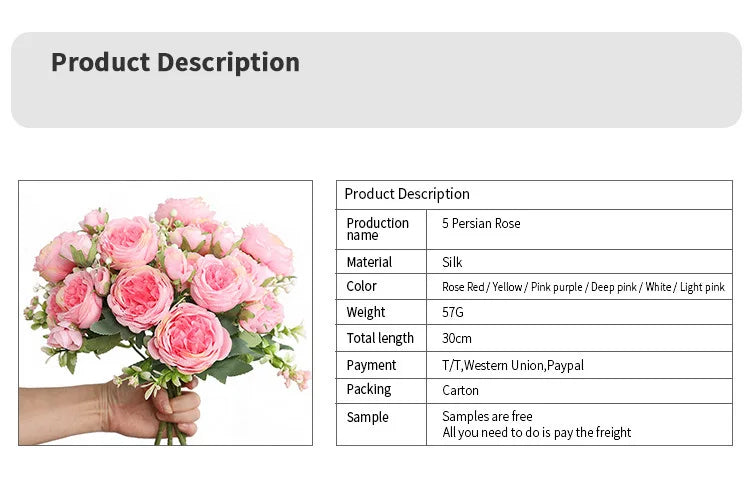 1pcs/30cm Rose Pink Silk Bouquet Peony Artificial Flower